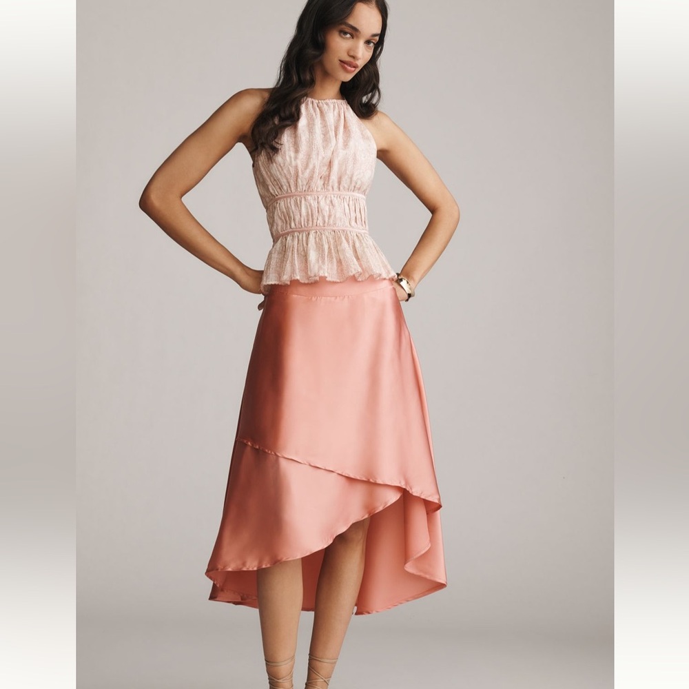 NWT Anthropologie silky tiered midi skirt in peachy pink, sz. 8 & 12 available - Picture 2 of 9
